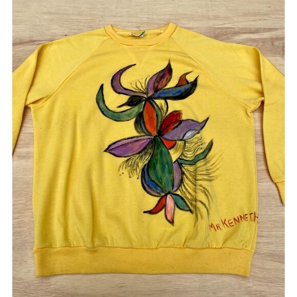 VINTAGE MR KENNETH Embroidered Flower Crew Neck Sweater Men Yellow‎ SIZE 25"x25" - Picture 4 of 6